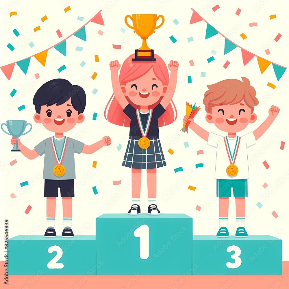 Happy Children Celebrating on Winners Podium Happy Children Celebrating on Winners Podium
