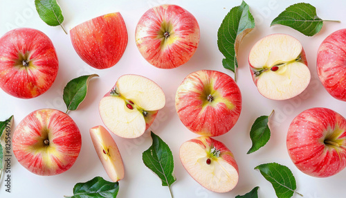 The table is full of a variety of apples and leaves, creating a natural and green display