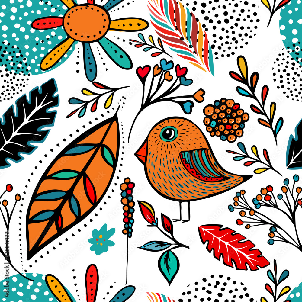 Obraz premium Decorative seamless background with birds and flowers. hand drawing. Not AI. Vector illustration