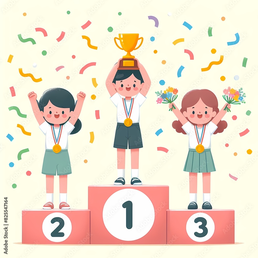 Happy Children Celebrating on Winners Podium Happy Children Celebrating on Winners Podium