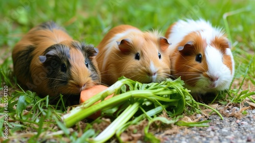 Guinea pigs munching veggies in grassy habitat © SaroStock