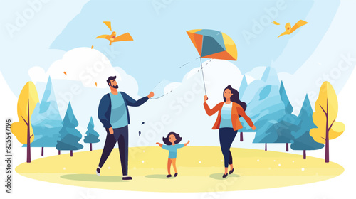 Family with child flying a kite in park flat vector