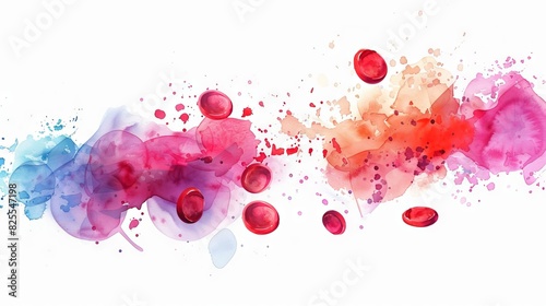 Watercolor illustration of red blood cells in a vibrant aquarelle backdrop. Close-up of erythrocytes in circulation. Concept of medical visualization, hematology, and cellular biology. Banner