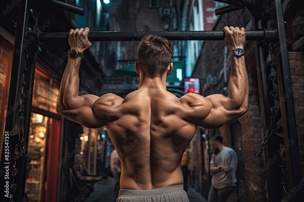 Man doing pull-ups, back muscles engaged, Man in gym with muscle background