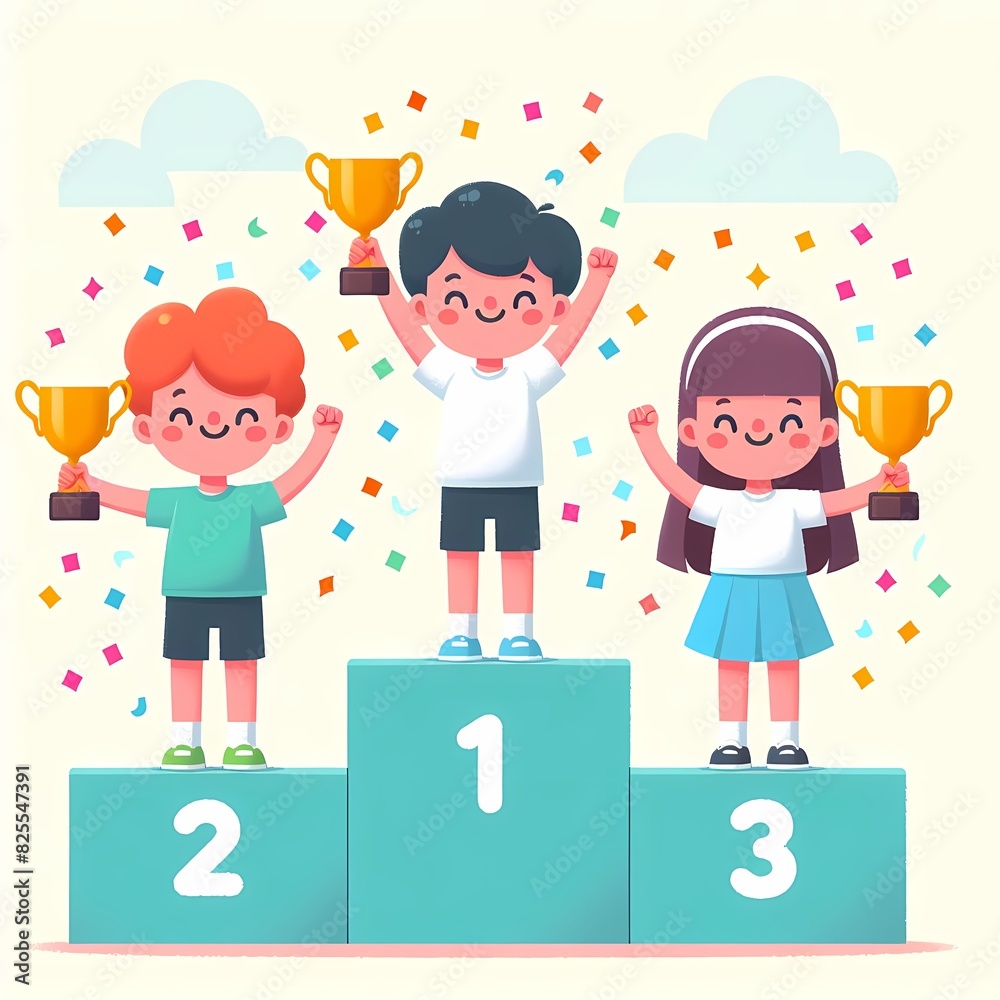 Happy Children Celebrating on Winners Podium Happy Children Celebrating on Winners Podium