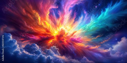 A vibrant and colorful explosion of light, with hues of various colors radiating outward from the center. This explosion is set against a backdrop of a dark sky filled with clouds.
