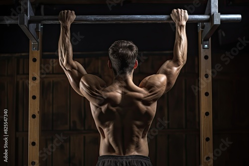 Man doing pull-ups, back muscles engaged, Man in gym with muscle background