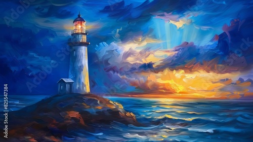 mysterious lighthouse at dusk with dramatic lighting and stormy clouds coastal landscape oil painting