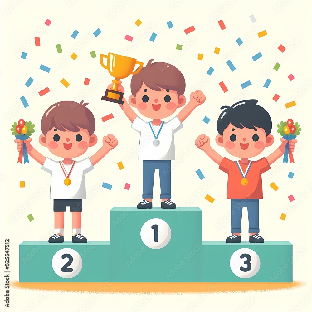 Happy Children Celebrating on Winners Podium Happy Children Celebrating on Winners Podium