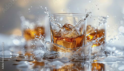 A glass of whiskey with ice cubes splashing out of it makes for a refreshing sight