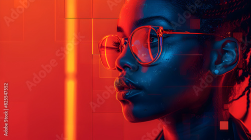 Close-up Portrait of a Young Woman with Blue Skin and Glasses Against a Red and Orange Background