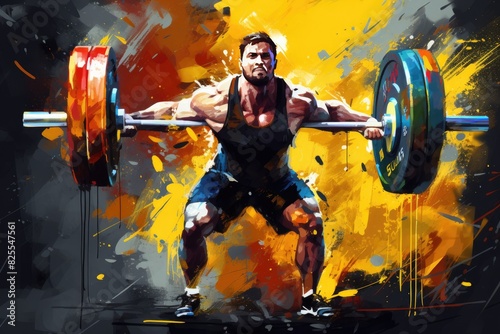 Watercolor weightlifter lifting heavy barbell strength and power