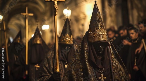 penitents in traditional robes participating in solemn holy week processions in seville spain cultural photography photo