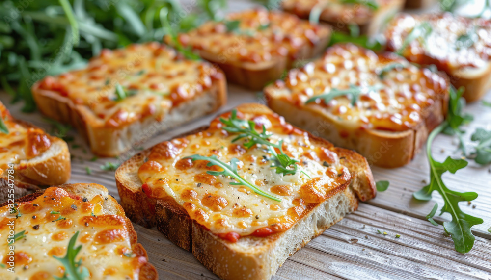 A variety of toast topped with cheese and tomato sauce on a rustic wooden table A variety of toast topped with cheese and tomato sauce on a rustic wooden table