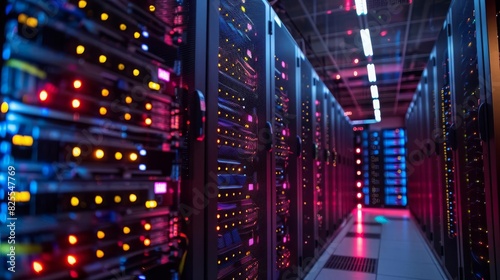 Server room in a Data Center with modern server racks and intricate network systems, neatly arranged, cool and controlled environment.