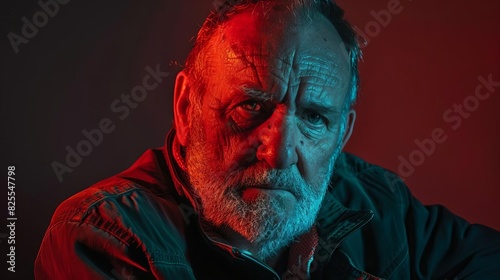roughlooking mature man with colored lighting in a studio dramatic portrait editorial photography photo