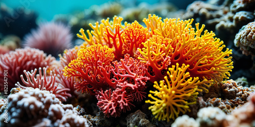 A close-up view of various coral formations  showcasing their vibrant colors and intricate structures.