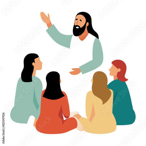 Jesus teaches crowd sitting around him