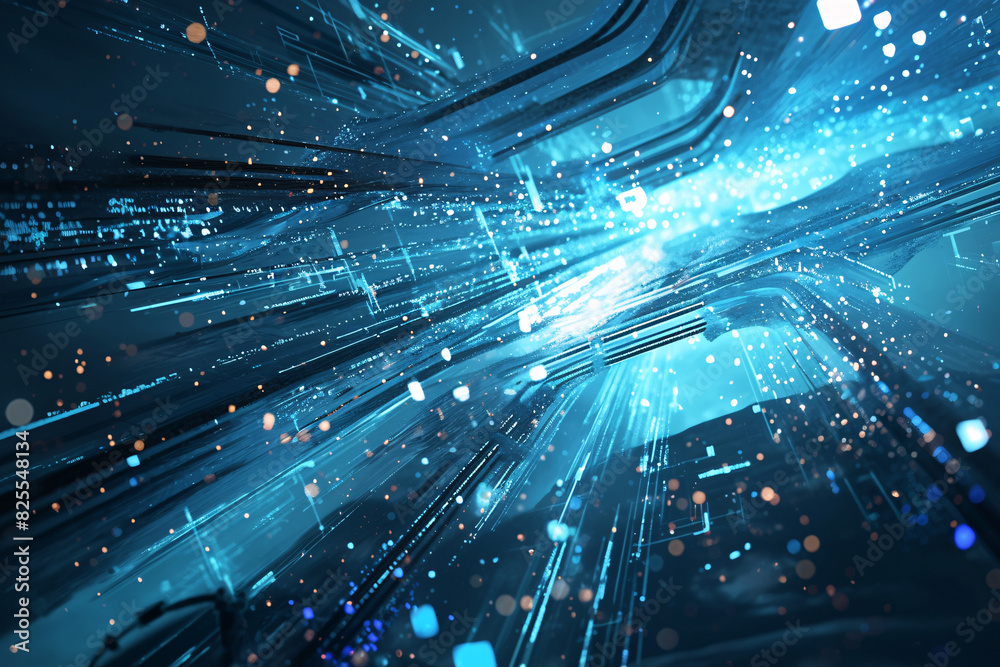 Obraz premium A high-tech blue digital art with glowing lines and dots creating a futuristic and dynamic visual representation of technology