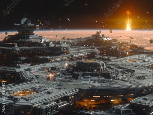 Fototapeta Naklejka Na Ścianę i Meble -  Futuristic space station with multiple structures, surrounded by cosmic debris, and a distant explosion in outer space