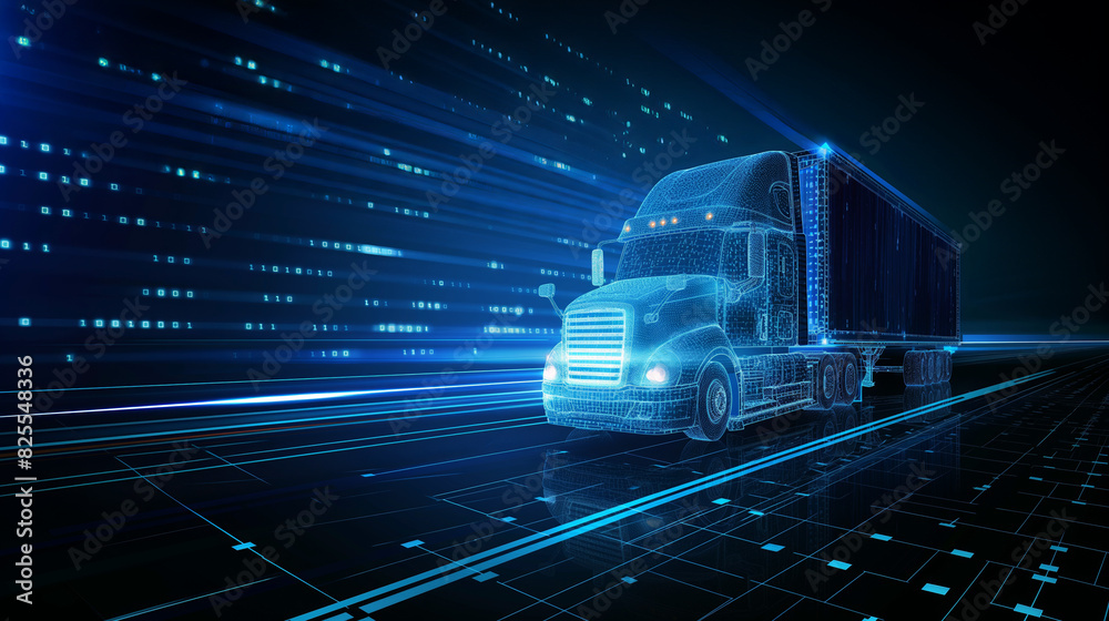 Futuristic digital truck on data highway.