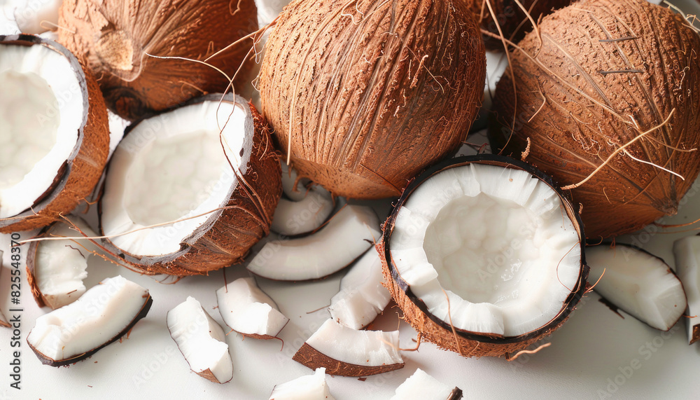 A bunch of coconuts piled up on a table, representing a variety of natural foods and ingredients A bunch of coconuts piled up on a table, representing a variety of natural foods and ingredients