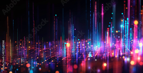 Digital connectivity, data transmission, futuristic technology Abstract Colorful Vertical Light Beams with Glowing Dots.