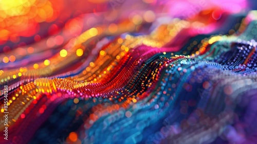 A textile artwork featuring layers upon layers of colorful threads symbolizing the multiple dimensions and parallel universes in the quantum realm. photo