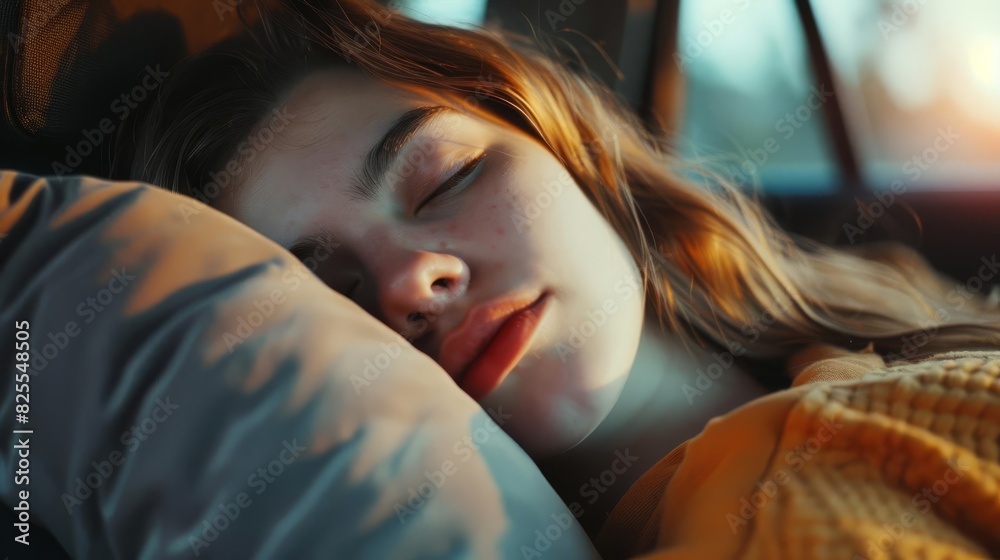 sleeping beauty serene young woman napping peacefully on car backseat during road trip sleeping beauty serene young woman napping peacefully on car backseat during road trip
