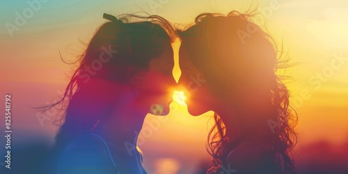 Two women are kissing each other's faces in front of a sunset. Scene is romantic and intimate