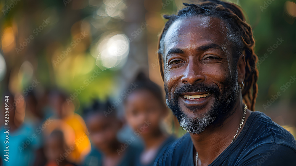 A Smiling Man with Children in the Background A Smiling Man with Children in the Background