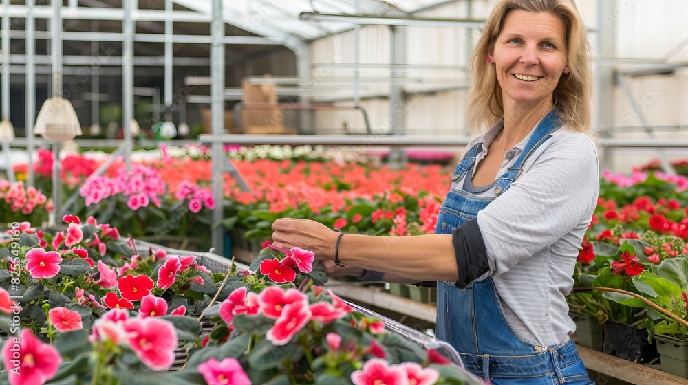 Caucasian woman in denim overalls tending flowers in a greenhouse. Concept of gardening, horticulture, floral care, plant nursery