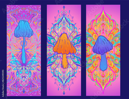 Magic mushrooms mandala. Psychedelic hallucination. Vibrant trippy vector illustration. 60s hippie colorful art. Hand drawn design in ethnic Indian style. Mystic abstract hippie yoga mat design.