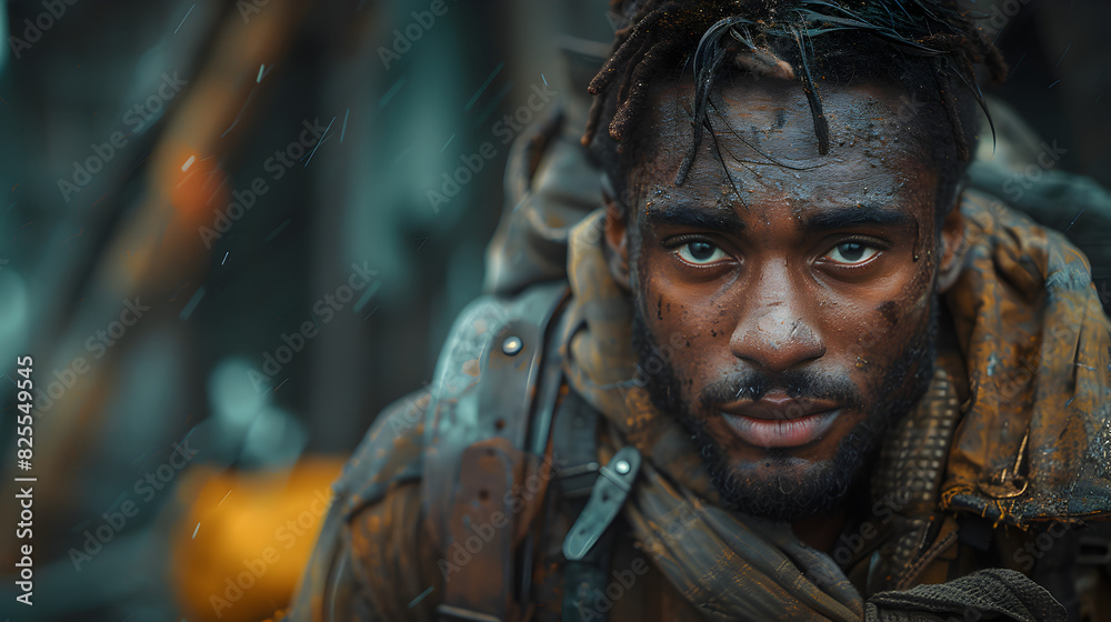 Close-up Portrait of a Man with a Determined Expression, Covered in Mud and Dirt, Looking Directly at the Camera in a Dense Forest Setting Close-up Portrait of a Man with a Determined Expression, Covered in Mud and Dirt, Looking Directly at the Camera in a Dense Forest Setting
