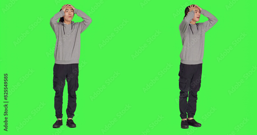 Person having surprised reaction on camera after seeing something, saying wow and being amazed by view. Asian guy in shock admiring wonderful thing, feeling joyful and optimistic. Person having surprised reaction on camera after seeing something, saying wow and being amazed by view. Asian guy in shock admiring wonderful thing, feeling joyful and optimistic.
