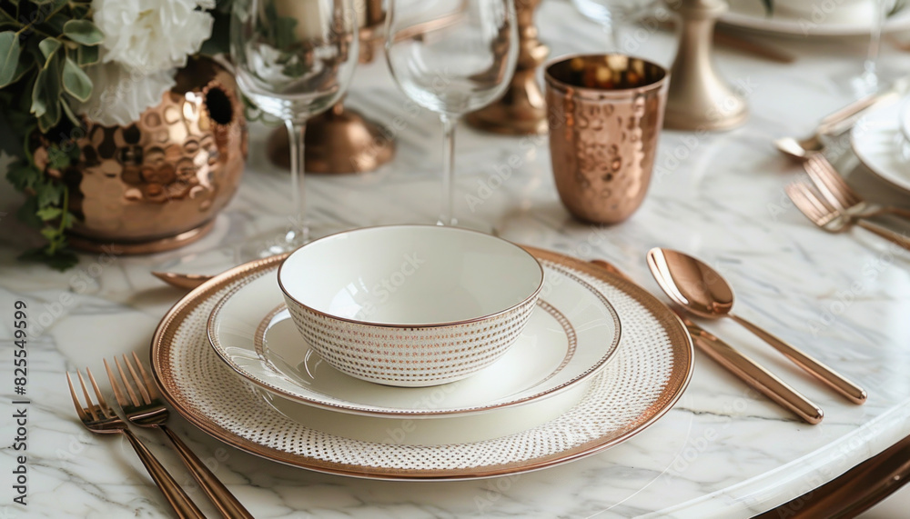 A table elegantly arranged for a meal with plates, bowls, cutlery, and glassware A table elegantly arranged for a meal with plates, bowls, cutlery, and glassware