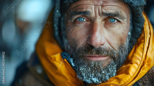 Close-up Portrait of a Man with a Beard Covered in Ice, Looking Directly at the Camera with a Serious Expression in a Cold Environment.