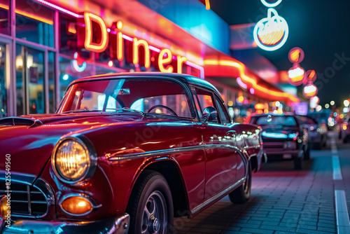 View at night of a traditional American Diner with classic cars parked outside.