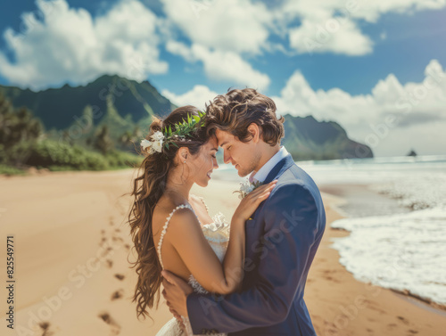 Happy wedding couple on sea beach, getting married on the beaches of Hawaii