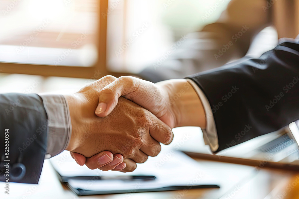 Close up of two business people shaking hands over a desk in the style of professional photography, in a stock photo style.