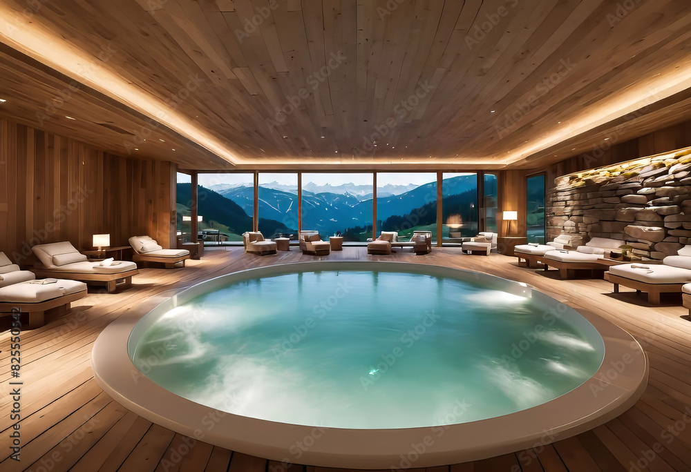 authentic thermal resort located in the picturesque mountains. Contemporary architectural design using natural materials. The spa features large picture windows that offer stunning views of snow-cappe