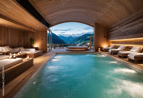 authentic thermal resort located in the picturesque mountains. Contemporary architectural design using natural materials. The spa features large picture windows that offer stunning views of snow-cappe © Perecciv