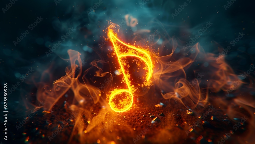 music note illuminated in orange and yellow neon lights on dark background Abstract glowing musical symbol with smoke effect Generative AI music note illuminated in orange and yellow neon lights on dark background Abstract glowing musical symbol with smoke effect Generative AI