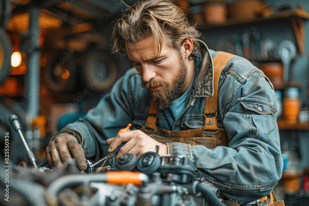 An expert is fixing a car engine in a garage, showcasing skills in engineering and mechanics An expert is fixing a car engine in a garage, showcasing skills in engineering and mechanics