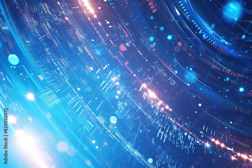 Obraz premium Glowing digital data streams with bright lights and lines in a futuristic blue and purple color scheme