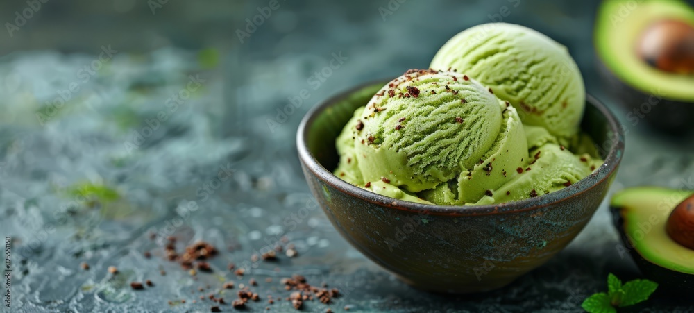 Obraz premium Dessert Ice cream Avocado Latin America from restaurant food photography. Creamy avocado ice cream in Latin America. Dessert Ice cream Avocado Images texture banner postcard horizontal.