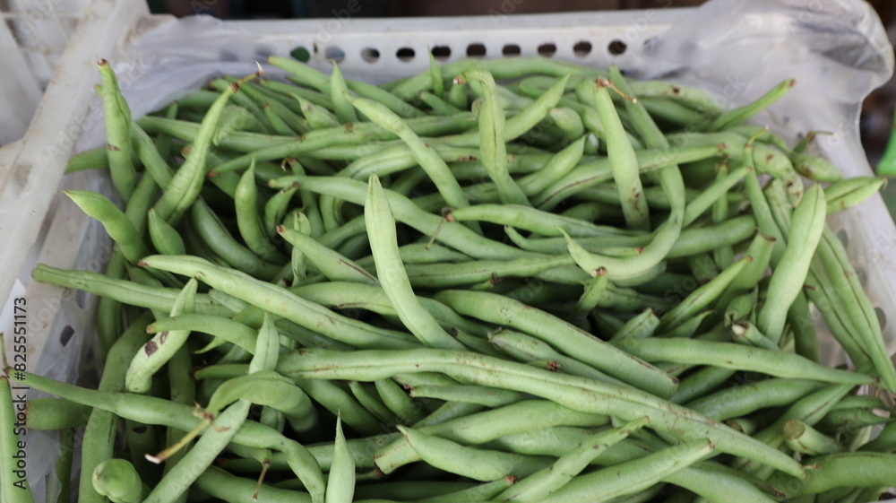 green beans on the market in containers green beans on the market in containers