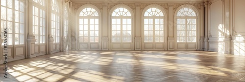 An empty banquet hall with a parquet floor, featuring large windows and a vintage chandelier. Generative AI