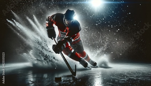 hockey player in mid-action, clad in a red and black uniform, charging forward with determination.