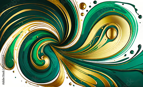 Abstract liquid banner texture with marble pattern, dark green shimmers, gold lines,